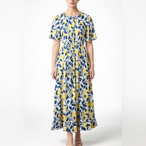 Maude Vivante Novelty Lemon Print Ruffle Maxi Dress Pockets size XL